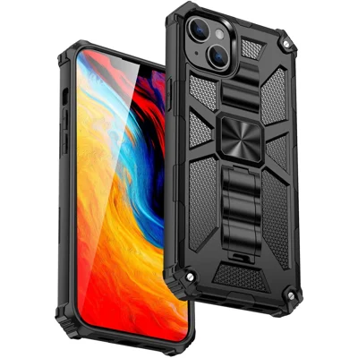 For iPhone 14 6.1 inch Shockproof TPU+PC Case Hybrid Impact Military Protective Cover with Kickstand - Black