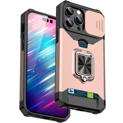 For iPhone 14 Pro 6.1 inch Card Slot Design Phone Case Hard PC Soft TPU Hybrid Slide Camera Lens Cover Design Kickstand Back Cover - Rose Gold