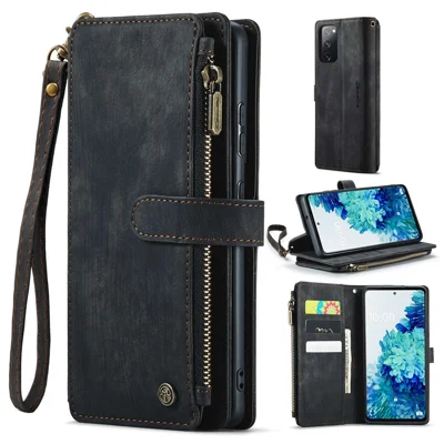 Voor Samsung Galaxy S20 FE 4G / 5G / S20 FE 2022 / S20 Lite telefoonhoesjes met draagkoord CASEME C30 Rits met meerdere kaarthouders PU lederen hoes - Zwart