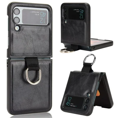 For Samsung Galaxy Z Flip4 5G Finger Ring Holder Folding Phone Case PU Leather Coated PC Back Cover - Black