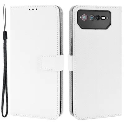 For Asus ROG Phone 6 5G / Phone 6 Pro 5G Diamond Texture Magnetic Closure Handbag PU Leather Stand Flip Wallet Case with Strap - White