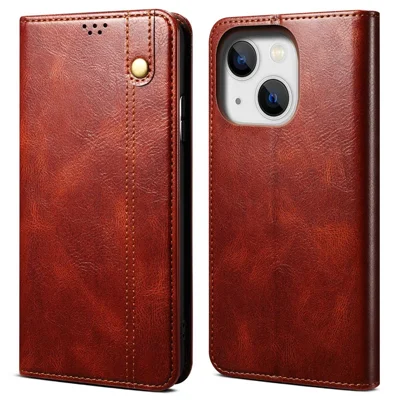 For iPhone 14 Plus Waxy Crazy Horse Texture Phone Case PU Leather TPU Stand Wallet Cover - Brown