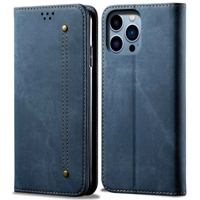 For iPhone 14 Pro Max 6.7 inch Full Protection Phone Wallet Cover Stand Jeans Cloth Texture Magnetic Flip Leather Mobile Phone Case - Blue