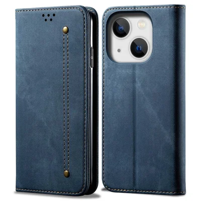 For iPhone 14 Plus Scratch-resistant Flip Leather Case Shockproof Phone Wallet Cover Jeans Cloth Texture - Blue