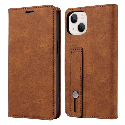 For iPhone 14 Pro Max 6.7 inch Drop-proof Phone Case Anti-scratch Magnetic PU Leather Flip Wallet Cover Stand with Wristband - Brown