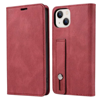 For iPhone 13 6.1 inch Anti-fall Phone Flip Case with Card Slots Magnetic PU Leather Phone Wallet Cover Stand with Wristband - Red