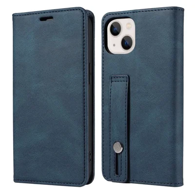 For iPhone 14 Pro 6.1 inch Full Protection Phone Flip Case Magnetic PU Leather Phone Wallet Cover Stand with Wristband - Blue