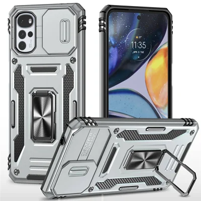 For Motorola Moto G22 Cell Phone Protector Lightweight PC + TPU Phone Case with Ring Kickstand + Slide Camera Cover - Grey