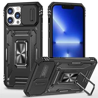 Mobile Phone Case for iPhone 14 Pro Max 6.7 inch, PC + TPU Ring Kickstand Cell Phone Shell with Slide Camera Protector - Black