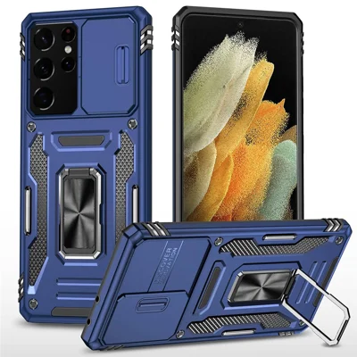 For Samsung Galaxy S21 Ultra 5G Anti-Fall Phone Case Slide Camera Cover PC + TPU Ring Kickstand Cell Phone Shell - Navy Blue