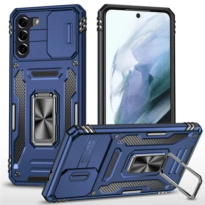 For Samsung Galaxy S21+ 5G Shockproof Case with Slide Lens Cover PC + TPU Ring Kickstand Cell Phone Anti-Drop Case - Navy Blue