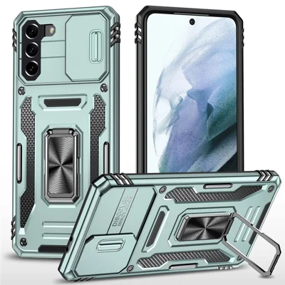 For Samsung Galaxy S21 4G / S21 5G Anti-Drop Phone Case PC + TPU Ring Kickstand Cell Phone Shell with Slide Camera Cover - Alpine Green
