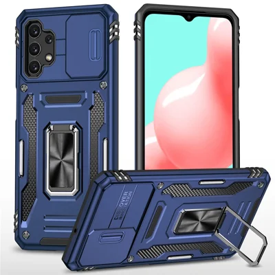 Futera ochronna z przesuwanym pokryciem obiektywu PC + TPU z podstawką pierścieniową przeciwupadkowa do Samsung Galaxy A32 5G / Galaxy M32 5G - granatowy