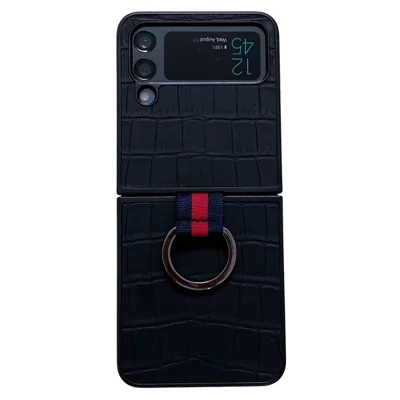 For Samsung Galaxy Z Flip4 5G Anti-scratch Crocodile Texture Genuine Leather Coated PC Folding Phone Case with Finger Ring Holder - Black