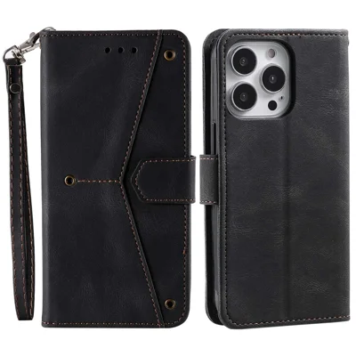 For iPhone 14 Pro 6.1 inch Splicing Stitching Skin-touch PU Leather Phone Case Stand Folio Flip Anti-drop Anti-scratch Cover - Black