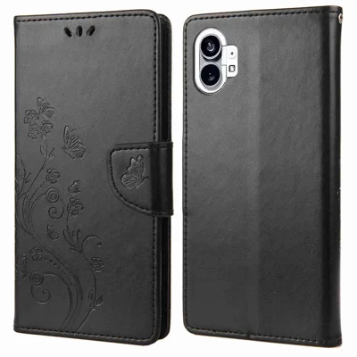 For Nothing phone (1) 5G Shockproof Phone Wallet Case Imprinting Butterfly Flower PU Leather Stand Protective Cover - Black