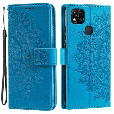 غطاء هاتف من جلد البولي يوريثان لأندرويد Xiaomi Redmi 10A، غطاء محفظة مع حامل بنمط زهرة الماندالا المطبوعة مع حزام - أزرق