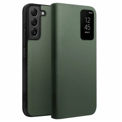 QIALINO For Samsung Galaxy S22 5G Smart Auto Wake Up / Sleep View Window Phone Case Genuine Cowhide Leather Phone Flip Cover - Green