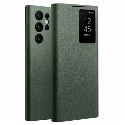 QIALINO Para Samsung Galaxy S22 Ultra 5G Capa de Telefone com Janela de Visualização Automática Despertar / Dormir Couro Bovino Genúino Capa de Telefone Flip - Verde