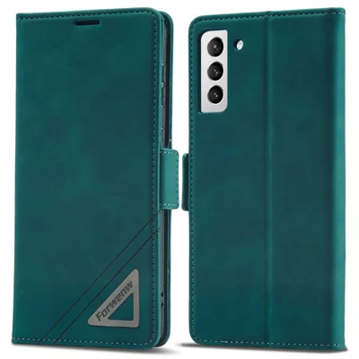 FORWENW F3-Series For Samsung Galaxy S22 5G Protective Case PU Leather Folio Flip Wallet Phone Cover with Stand - Cyan