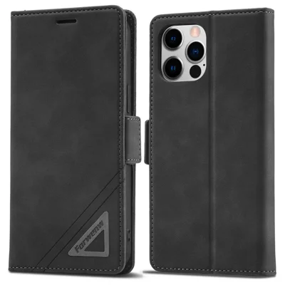 FORWENW F3-Series For iPhone 12 / 12 Pro 6.1 inch All-around Protection Wallet Feature Case PU Leather Magnetic Phone Cover with Stand - Black