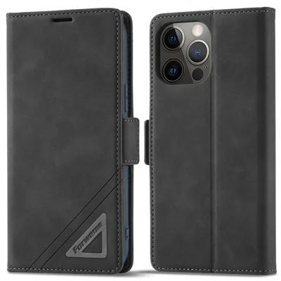 FORWENW F3-Series For iPhone 13 Pro Max 6.7 inch Shockproof Stand Wallet Case PU Leather Flip Phone Cover - Black