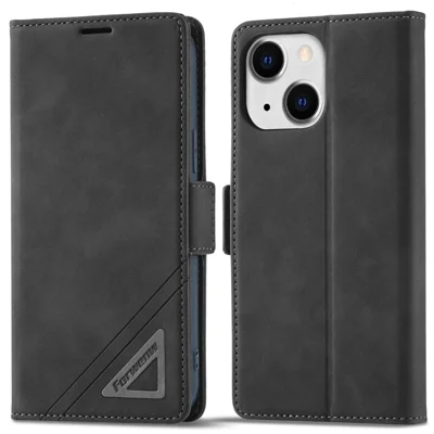 FORWENW F3-Series For iPhone 14 Plus Folio Flip Wallet Protective Case PU Leather Anti-fall Phone Cover with Stand - Black