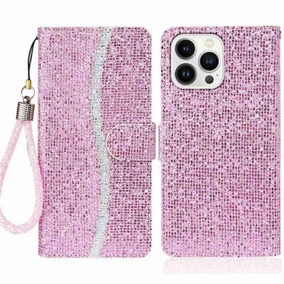 For iPhone 14 Pro 6.1 inch Glitter PU Leather Stand Wallet Style Phone Case Bling Folio Flip Protector with Hand Strap - Pink