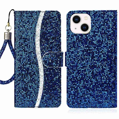 For iPhone 14 Plus Glitter Bling PU Leather Foldable Stand Phone Case Wallet Style Flip Shell with Wrist Strap - Blue