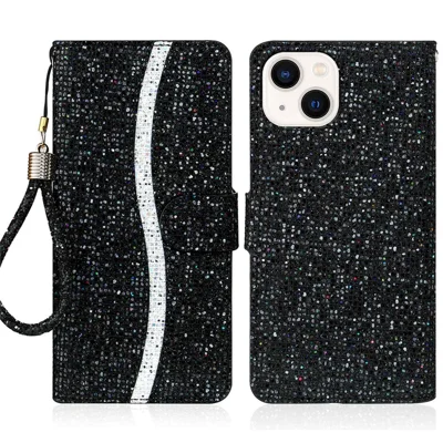 Für iPhone 14 6.1 Zoll Glitzer Bling PU Leder Geldbörse Stil Handyhülle Verstellbarer Ständer Klapphülle mit Handschlaufe - Schwarz