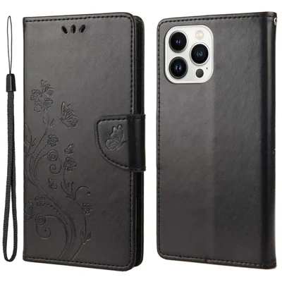 For iPhone 14 Pro 6.1 inch Anti-fingerprint Imprinted Flower Butterflies Leather Mobile Phone Case Wallet Stand Cover - Black