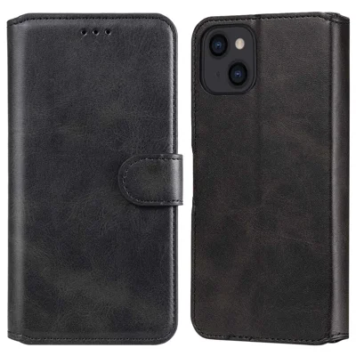 Für iPhone 14 6,1 Zoll Kalbsleder-Textur PU-Leder-Handyhülle, magnetisch, stoßfest, Ständer-Portemonnaie-Stil-Hülle - Schwarz