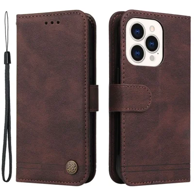 For iPhone 14 Pro Leather Wallet Cases Skin Touch Phone Cover Stand with Strap - Brown