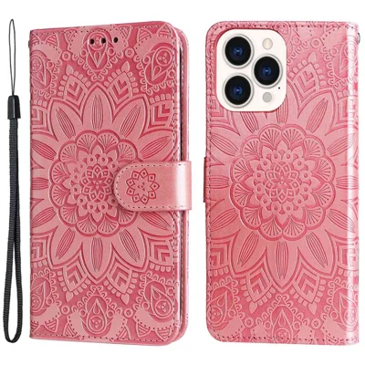 For iPhone 14 Pro Max 6.7 inch PU Leather Sunflower Imprinting Protective Case Flip Stand Wallet Mobile Phone Cover with Strap - Rose Gold