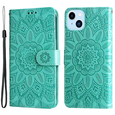 For iPhone 14 Plus Sunflower Imprinting Magnetic Clasp Case PU Leather Phone Stand Wallet Protective Cover with Strap - Green