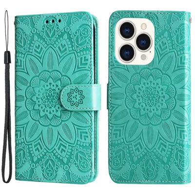 For iPhone 14 Pro 6.1 inch Sunflower Imprinting PU Leather Phone Drop-proof Case Flip Stand Wallet Cover with Strap - Green