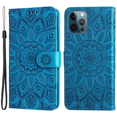 For iPhone 14 6.1 inch Sunflower Imprinting Flip Stand Case PU Leather Wallet Phone Protective Cover with Strap - Blue