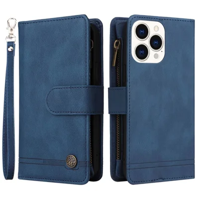 For iPhone 14 Pro Max 6.7 inch Tree Pattern Hardware Stripes Imprinted Skin-touch Wallet Stand Leather Cover Zipper Pocket Protective Case - Blue