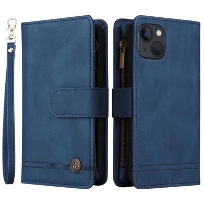 For iPhone 14 6.1 inch Drop Resistant Skin-touch Stripes Imprinted Leather Cover Card Slots Flip Wallet Stand Protective Case with Zipper Pocket - Blue