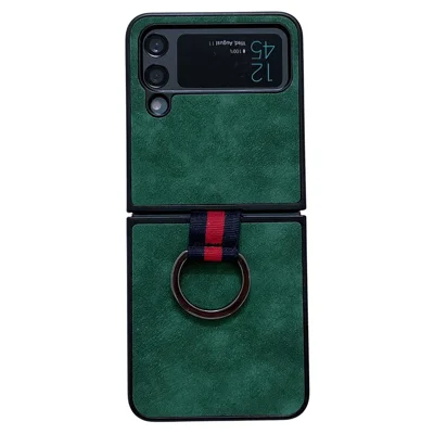For Samsung Galaxy Z Flip4 5G Metal Finger Ring Phone Case Anti-scratch PU Leather Coated PC Back Cover - Green