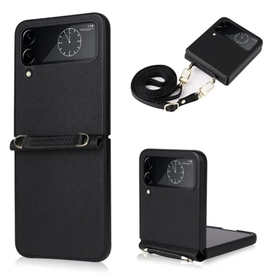 For Samsung Galaxy Z Flip4 5G Textured Leather Coated PC Cover Drop-proof Phone Case with Long Lanyard - Black