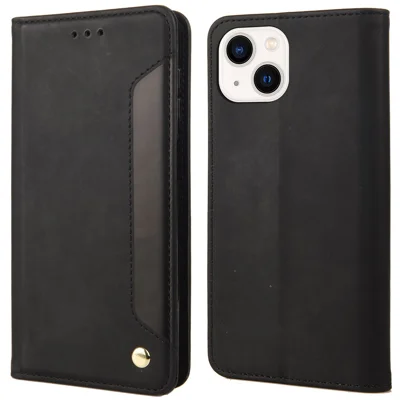For iPhone 14 6.1 inch Stand Wallet Splicing Skin-touch Leather Phone Case Magnetic Auto-absorbed Folio Flip Cover - Black