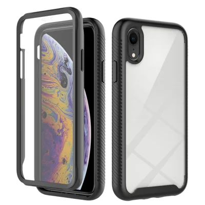 Для iPhone XR 6.1 дюйма 3-в-1 противоударный телефонный чехол с жестким ПК + мягким ТПУ с защитой от царапин и защитной ПЭТ-пленкой для экрана - Черный