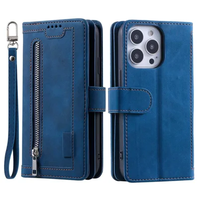 For iPhone 14 Pro Max 6.7 inch Cellphone Shell, Zipper Pocket Design 9 Card Slots PU Leather Case Magnetic Closure Stand Wallet Cover with Strap - Blue