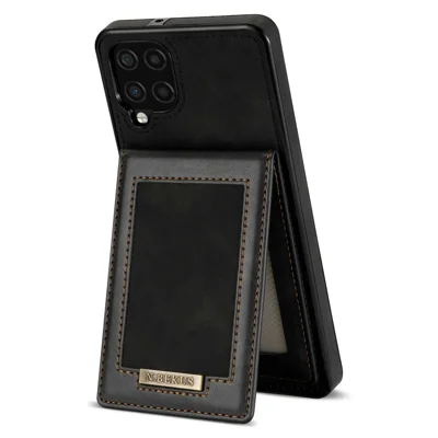 N.BEKUS For Samsung Galaxy A12 Drop-proof Phone Cover Shell Kickstand RFID Blocking Vertical Card Holder PU Leather+TPU Phone Back Case - Black