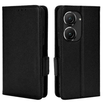 Магнитный чехол-кошелек с текстурой личи для телефона Asus Zenfone 10 5G / 9 5G, из искусственной кожи с функцией подставки, антиударный, черный