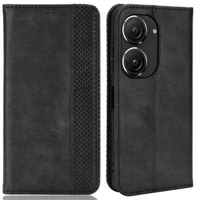Чехол для Asus Zenfone 10 5G / 9 5G винтажный из искусственной кожи PU ударопрочный с подставкой автоматическое прилипание с функцией кошелька - черный