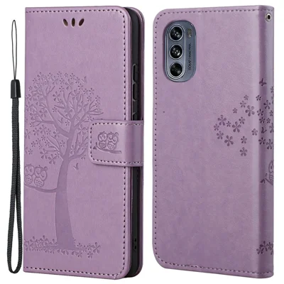 For Motorola Moto G62 5G Owl Tree Pattern Imprinted Wallet Stand Case PU Leather Phone Cover with Wrist Strap - Purple