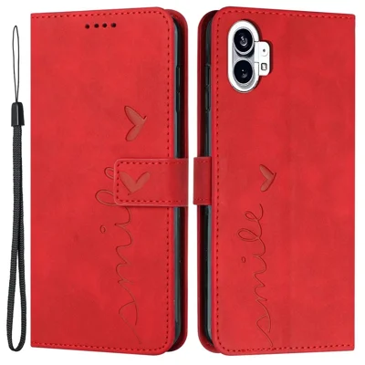 For Nothing phone (1) 5G Heart Shape Imprinted  Wallet Phone Case Skin-touch PU Leather Stand Magnetic Shockproof Cover with Strap - Red