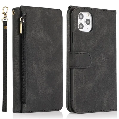 For iPhone 14 Pro Max 6.7 inch Outer Zipper Pocket Skin-touch Leather Case Wallet Stand Multiple Card Slots Phone Cover with Hand Strap - Black